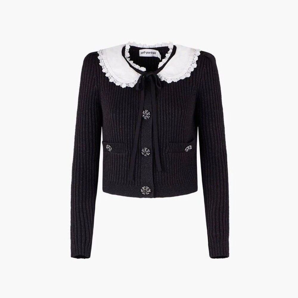 Self-Portrait Peter Pan Collar Cardigan Size S Black Shimmer Lace Collar Crystal